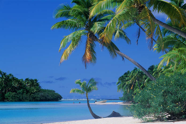 BEACH, TREES, AND LAGOON IN COOK ISLANDS, POLYNESIA